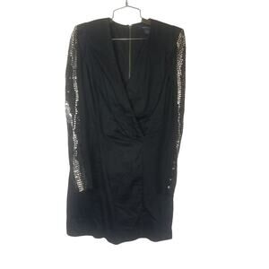 French Connection black, sequined long sleeved vneck mini dress sz 6